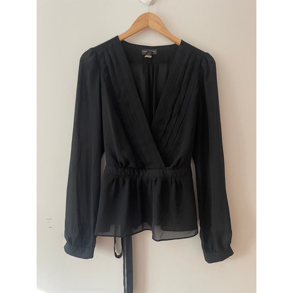 Banana Republic Corporate Girlie Black Faux Wrap Peplum Coquette Blouse Top L